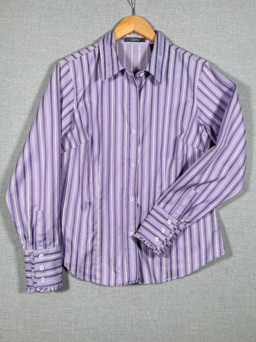 Liz Claiborne Purple Striped Ruffle Cuff Button Down Blouse Shirt Sz 12 Y2K
